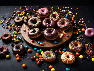 Donuts on the table scatered with sweets