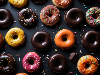 Donuts on the table scatered with sweets