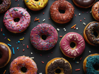Donuts on the table scatered with sweets