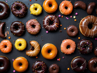 Donuts on the table scatered with sweets