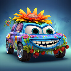 Delightful Charming Car Monster. Discover a charming car monster boasting flower decals and a happy face grille, depicted in delightful 3D cartoon.