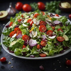 Healthy vegetable salad of fresh tomato, cucumber, onion, spinach, lettuce on plate. AI Generated.