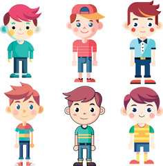 flat design of boys with three simple hand drawn cartoon style colors-