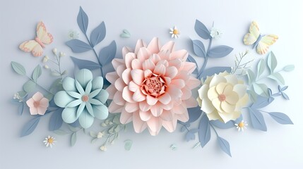 Fototapeta na wymiar 3d paper flowers isolated on white background, decorative design elements, greeting card