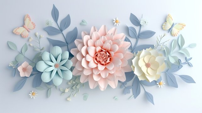 3d paper flowers isolated on white background, decorative design elements, greeting card