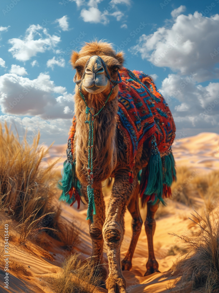 Poster camel walking in the desert. dromedary and beautiful sky on the background. an image of a camel stan
