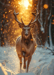 Noble deer with big horns running fast in the snow. Big deer galloping over snow. Winter Christmas landscape.