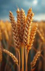 Golden wheat ears on the field. Grain of wheat bag in a field