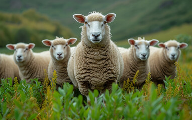 Obraz premium Sheep standing in row in field. Several sheep are standing in a field