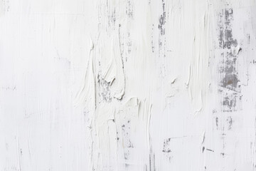 A weathered white wooden surface with peeling and chipped paint, revealing the textures and...