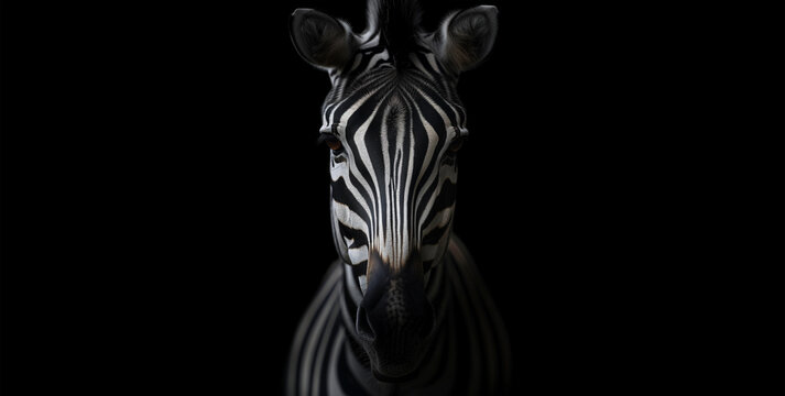Zebra animal face portrait on black background