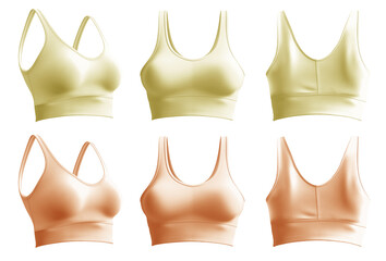 2 Set of pastel light yellow orange, front back side view, sports exercise bra tank crop top on transparent background cutout, PNG file. Mockup template for artwork graphic design - obrazy, fototapety, plakaty