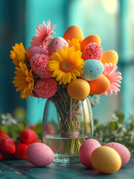Colorful easter eggs and flowers on blue wooden table. A bunch of colored eggs in glasses
