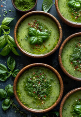 Bowls of green soup with fresh basil and red pepper flakes on dark background