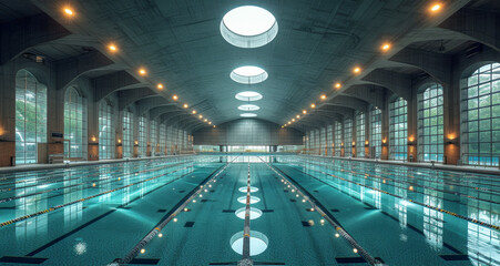 Swimming pool with high ceiling. Aquatic centre adv water management - obrazy, fototapety, plakaty
