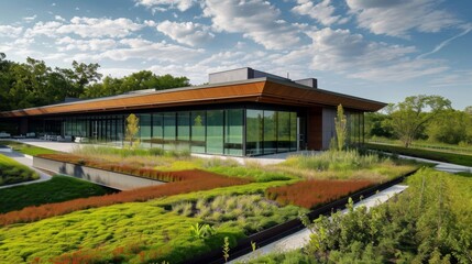 The exterior of this office features a green roof not only promoting energy efficiency but also providing a picturesque view for workers and visitors alike.