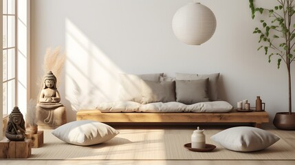 A serene meditation space with a neutral color palette, natural materials, and minimalist furnishings. A large floor cushion invites relaxation, while a simple wooden altar