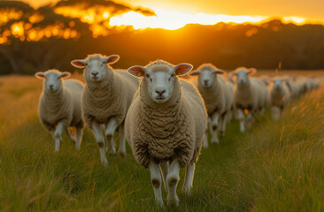Small mob of sheep running through grassy field at sunset. Many sheep walking in a grassy field