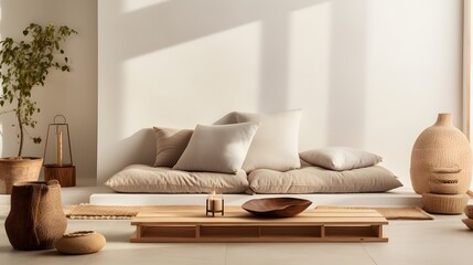 A serene meditation space with a neutral color palette, natural materials, and minimalist furnishings. A large floor cushion invites relaxation, while a simple wooden altars.