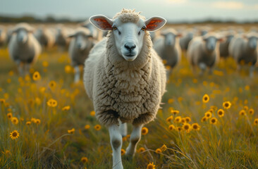 Fototapeta premium Sheep stands in field of sunflowers. Many sheep walking in a grassy field