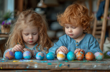 Obraz premium Two children paint Easter eggs. The concept of children's creativity preparing for the holiday