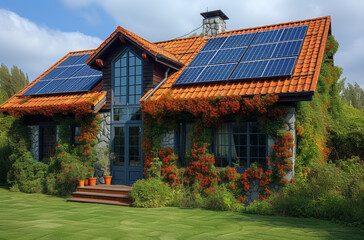 Beautiful house with solar panels on the roof. Photovoltaic system on the roof