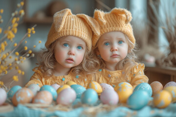 Fototapeta premium Two little girls in yellow knitted hats are sitting among the Easter eggs