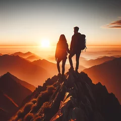 Deurstickers Two hikers enjoying sunrise from top of a mountain. Hikers with backpacks relaxing on top of a mountain and enjoying valley view © jam