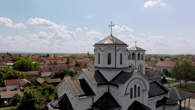 Aerial View of Ortodox Church in Town of Backi Jarak, Temerin Municipality, Vojvodina, Serbia on beautiful Sunny Day
