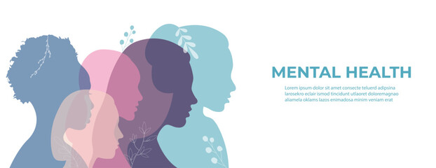 Banner about mental health.Vector illustration with people silhouettes.