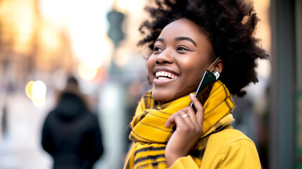 African American young woman talking on cell phone. - obrazy, fototapety, plakaty
