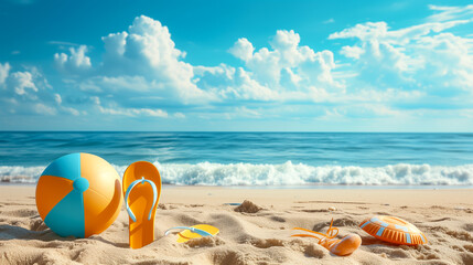 Obraz premium Beach accessories on the sand, top view