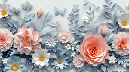 3d paper flowers isolated on white background, decorative design elements, greeting card