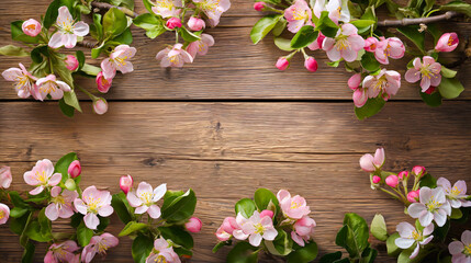 Naklejka na ściany i meble Spring apple blossoms flowering branch on wooden table background. Growth and spring concept. Copyspace