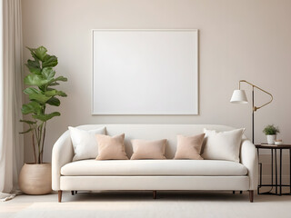 A light-coloured guest room featuring a sofa design, two armchair design, and a mockup blank white poster design.