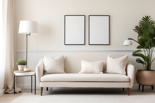 A light-coloured guest room featuring a sofa design, two armchair design, and a mockup blank white poster design.