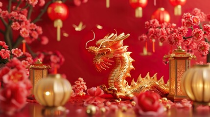 Fototapeta na wymiar Happy Chinese New Year 2024 the dragon zodiac sign with flower, lantern, elements with red and gold color. background. Copy space