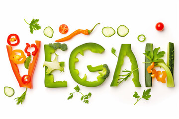 The inscription vegan consists of different vegetables and greens on a white background, vegetarianism
