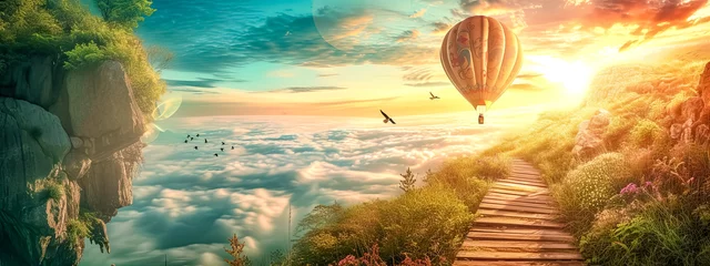 Fotobehang A hot air balloon floats above a wooden bridge as it glides through the sky © edojob