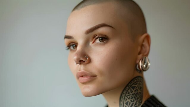 A young woman with a shaved head and geometric tattoos representing the minimalist lifestyle, Close Up of Person With Shaved Head