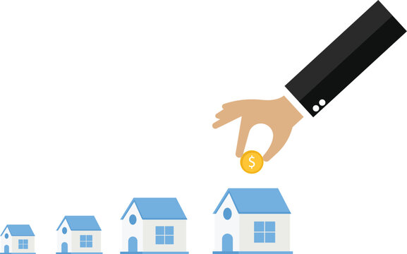 Businessman putting a Dollar coin into a big house, Commercial Real Estate, Putting Euro coin,Big house and investment,Real estate and Property purchase,Housing market concept, 
