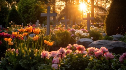 A serene sunrise over an Easter Resurrection garden, casting a warm glow on the wooden crosses amidst lush greenery. - obrazy, fototapety, plakaty