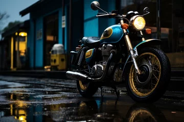 Cercles muraux Moto a blue motorcycle parked on a wet street