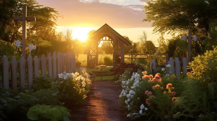 A serene sunrise over an Easter Resurrection garden, casting a warm glow on the wooden crosses amidst lush greenery. - obrazy, fototapety, plakaty