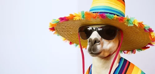 Fotobehang A llama donning a sombrero and sunglasses, draped in a vibrant serape, against a light  background © paffy