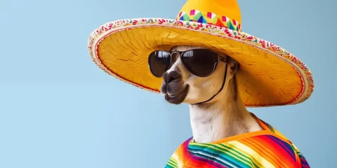 Zelfklevend Fotobehang A llama donning a sombrero and sunglasses, draped in a vibrant serape, against a light blue background © paffy