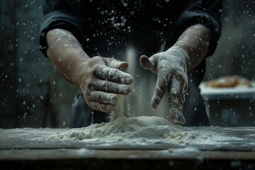 A male baker hangs out the dough in large quantities of flour, creating baked goods - obrazy, fototapety, plakaty