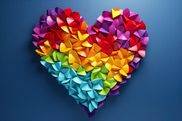 Colorful origami heart on blue background. 3d illustration.