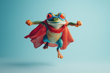 Fototapeta premium Superhero cute grenouille, red eyed tree frog wearing a red cloak, cape and blue mask jumping on blue background, with copy space for text. Funny super hero, super animal concept, studio shot style.
