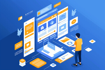 Tech-savvy person standing in front of digital device isolated in colorful background, business infographic elements, man works with charts and graphs, data analyze concept, Big data wallpaper design